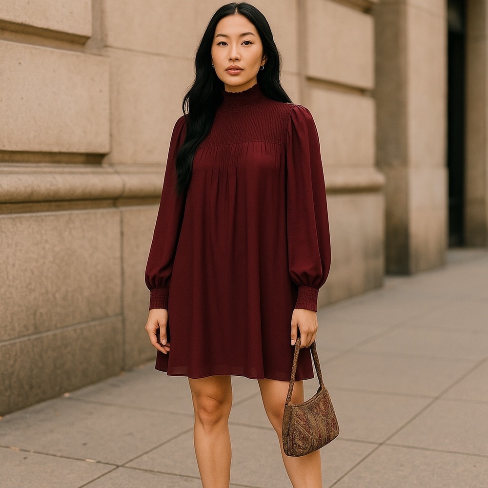 Reformation Dress Long Sleeve Mock Neck Pleated Shift Burgundy XS - Picture 16 of 16